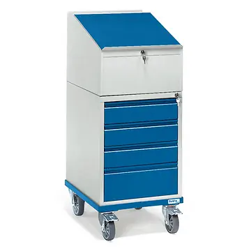 Rollpult mit 3 Schubladen 120mm und 1 Schublade 180mm hoch, Schreibplatte aufklappbar