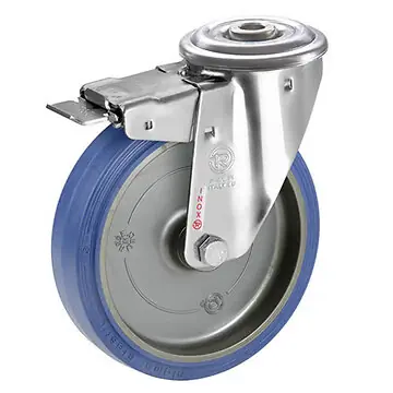 INOX Blue-Wheel Rückenloch-Lenkrollen mit Elastik-Gummirädern und Gleitlager